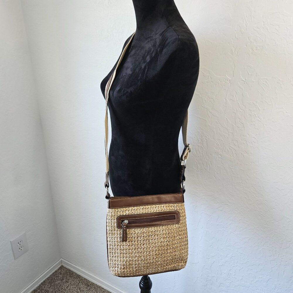 Chaps Straw & Faux Leather Crossbody Bag satchel purse Boho Cottage core Hippie - Picture 6 of 16